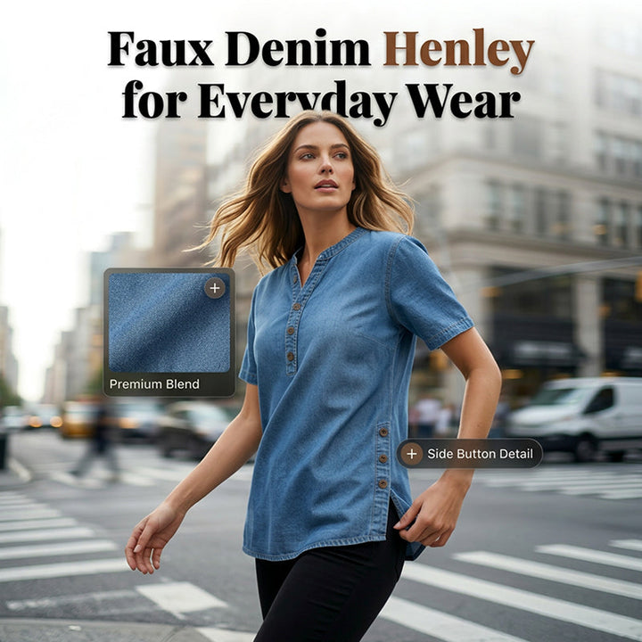 Women's Lightweight Denim Tunic — V-Neck Short-Sleeve Button Top