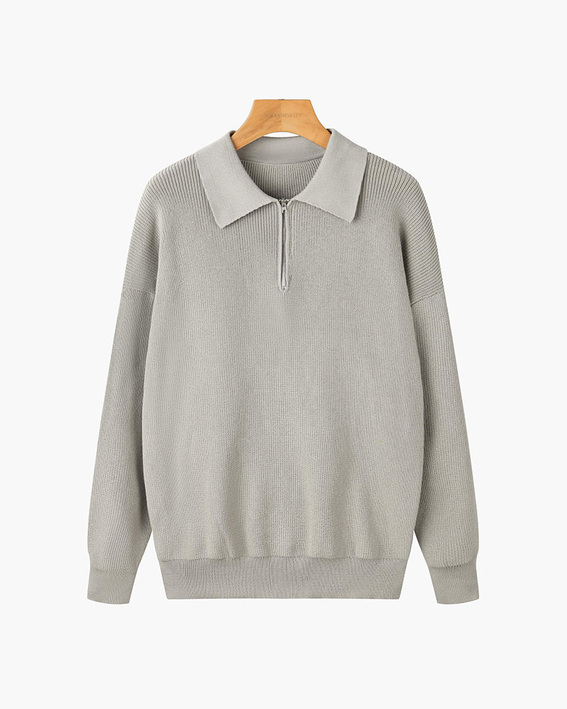 Men's ribbed quarter-zip sweater with pointed collar and long sleeves