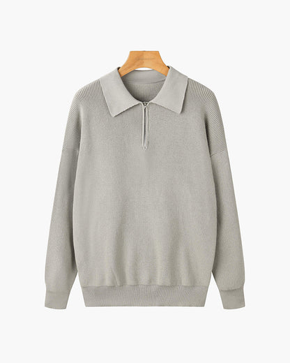 Men's ribbed quarter-zip sweater with pointed collar and long sleeves
