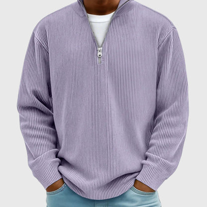 Men's ribbed quarter-zip mock neck sweater with long sleeves