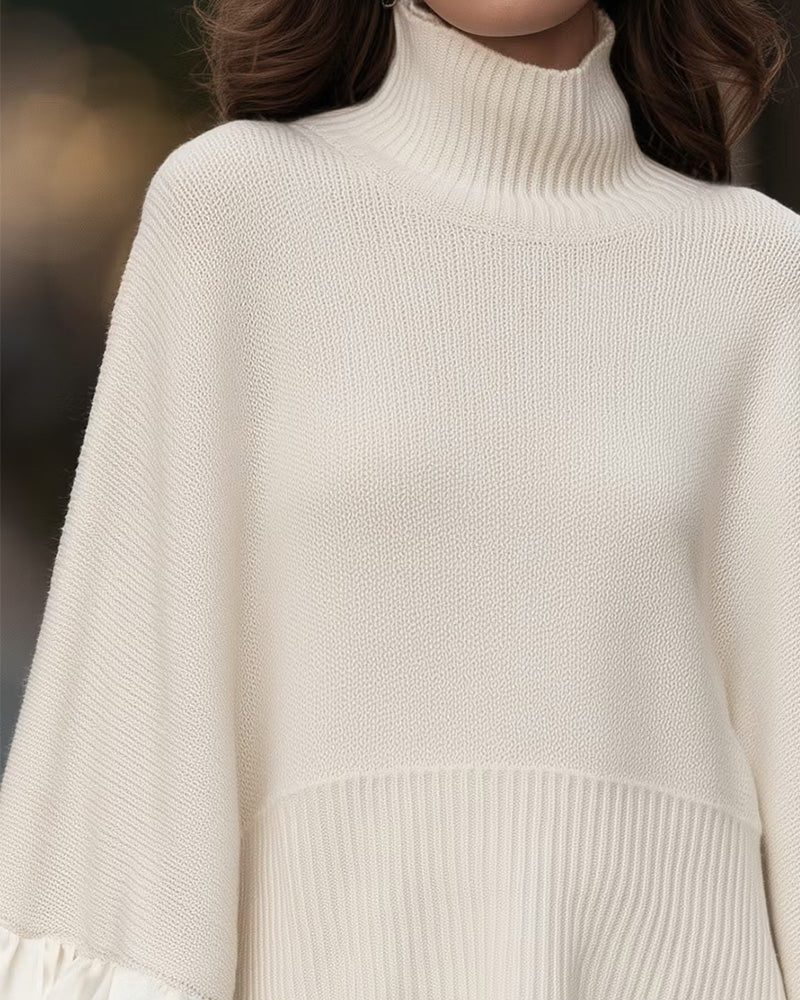 Women's cream turtleneck sweater with long ruffle sleeves and ribbed hem