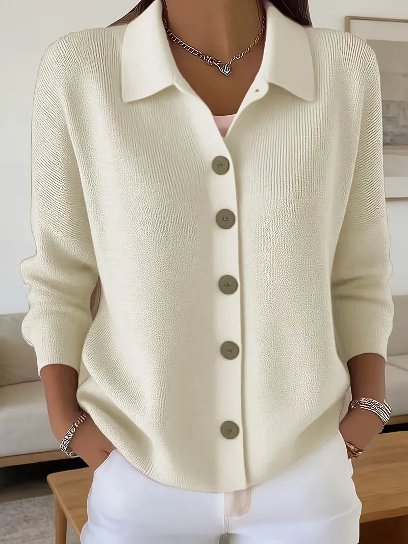 Women's textured button-front cardigan with pointed collar and long sleeves
