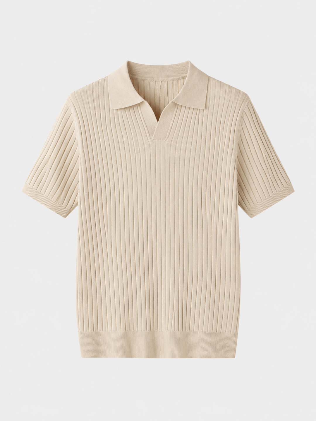 Ribbed knit polo shirt with short sleeves and spread collar