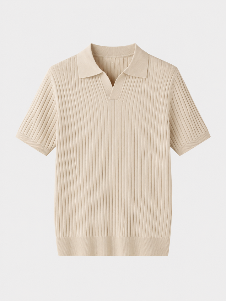 Ribbed knit polo shirt with short sleeves and spread collar