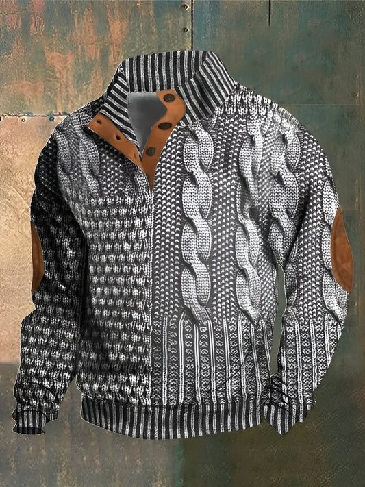 Men's patterned knit sweater with mock neck and button placket