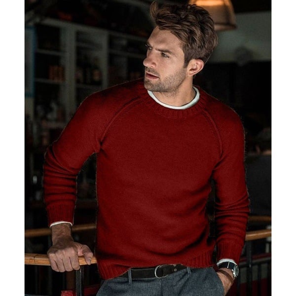 Men's long-sleeve crew neck knit sweater with ribbed trims
