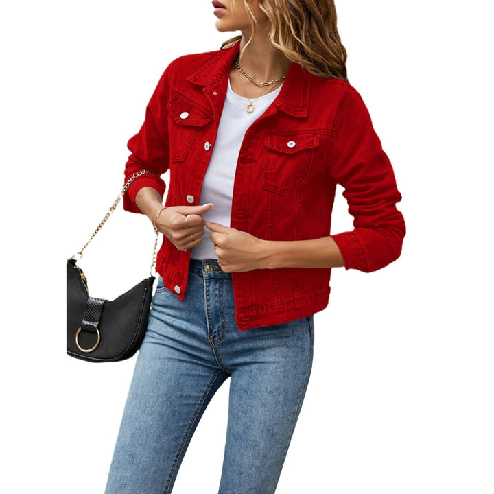 Women's relaxed denim jacket with button front and chest pockets