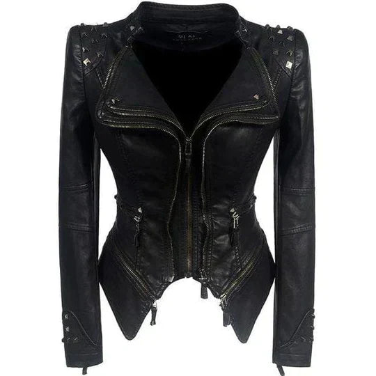 Women's black fitted moto jacket with studded shoulders and zip details