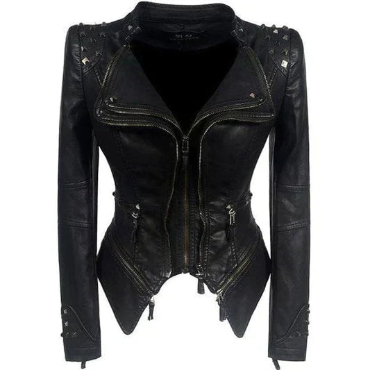 Women's black fitted moto jacket with studded shoulders and zip details