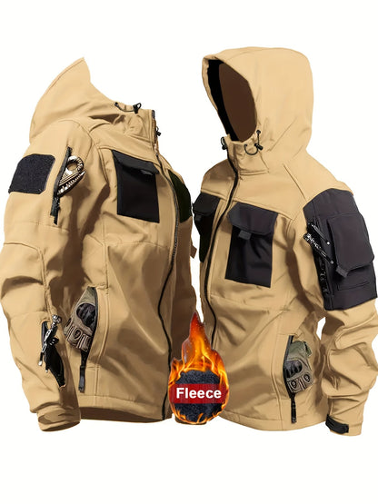 Men's hooded softshell jacket with long sleeves and multiple utility pockets
