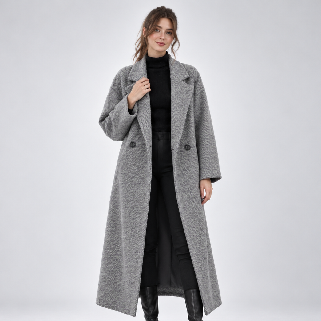 Women's long geometric patterned coat with notched lapels and button fastening