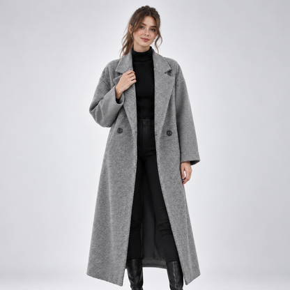Women's long geometric patterned coat with notched lapels and button fastening