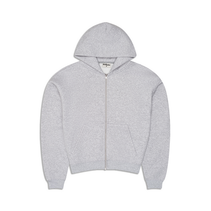 Men's heather grey zip-up hoodie with hood and kangaroo pocket