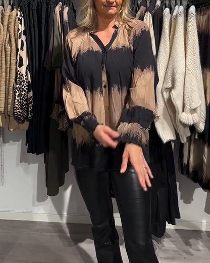 Women's brown and black tie-dye V-neck blouse with long sleeves and buttons
