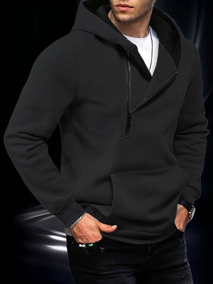 Men's hooded sweatshirt with diagonal zipper and kangaroo pocket