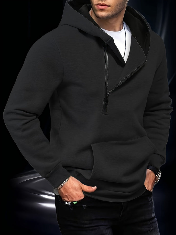 Men's hooded sweatshirt with diagonal zipper and kangaroo pocket