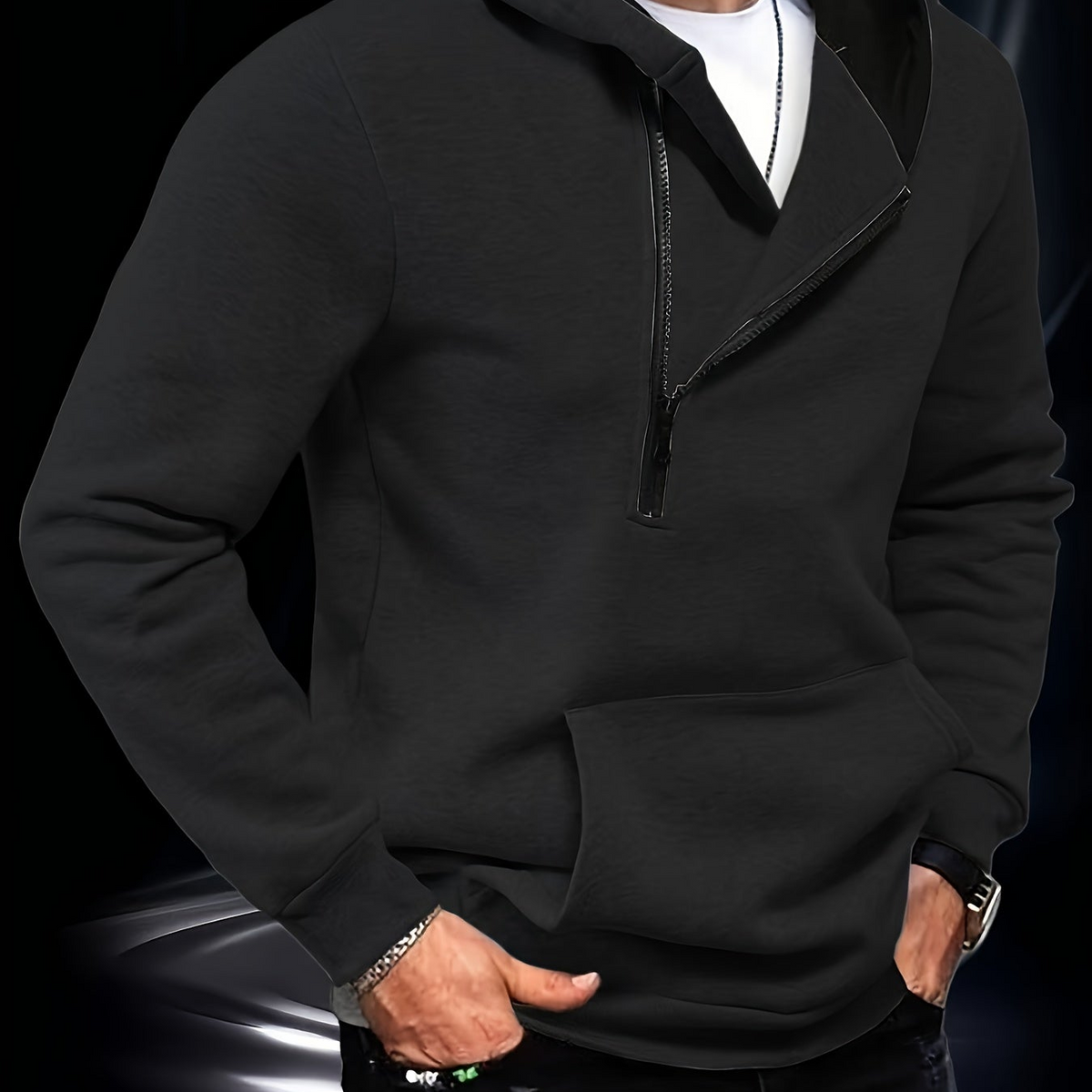 Men's hooded sweatshirt with diagonal zipper and kangaroo pocket