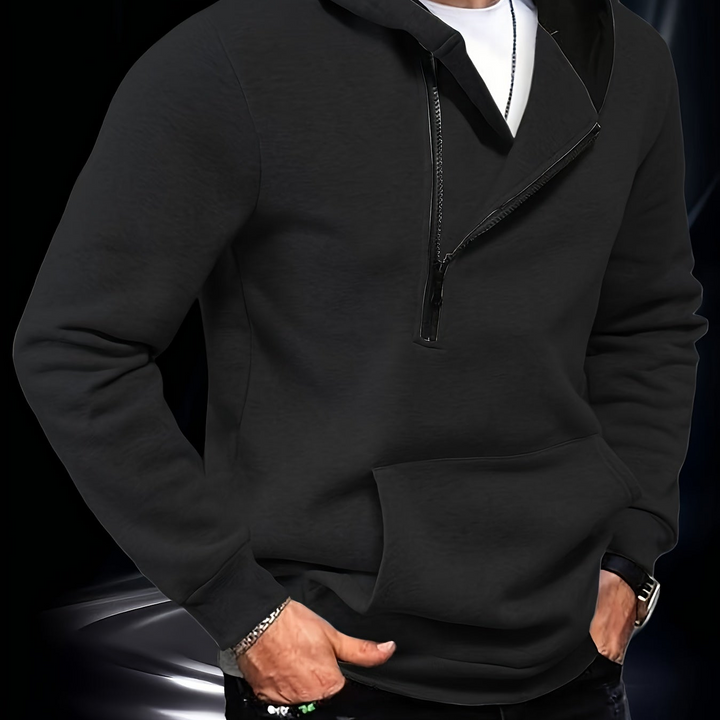 Men's hooded sweatshirt with diagonal zipper and kangaroo pocket