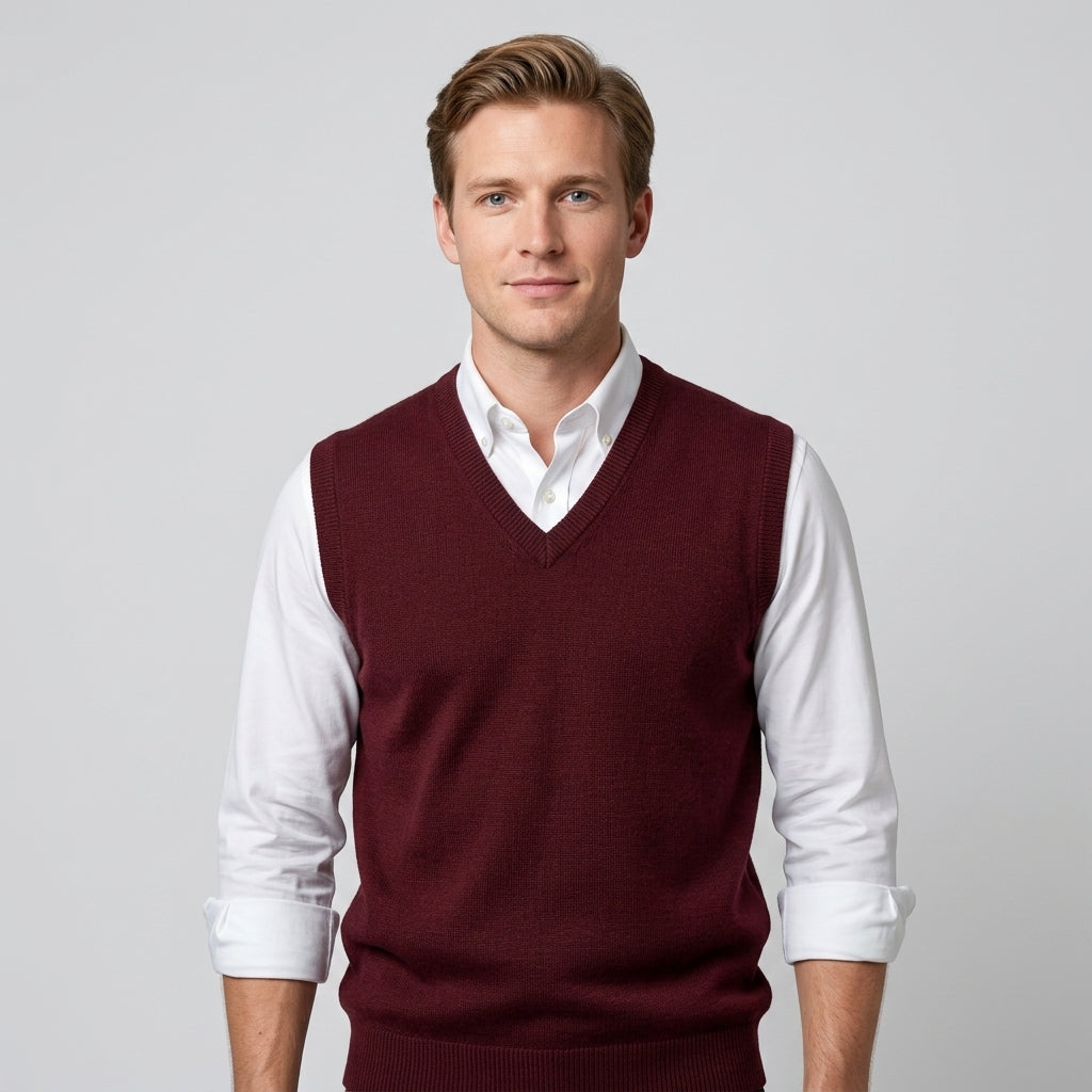 Men's sleeveless V-neck sweater vest layered over a collared shirt
