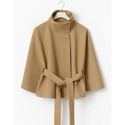 Women's belted cape coat with high collar and wide sleeves