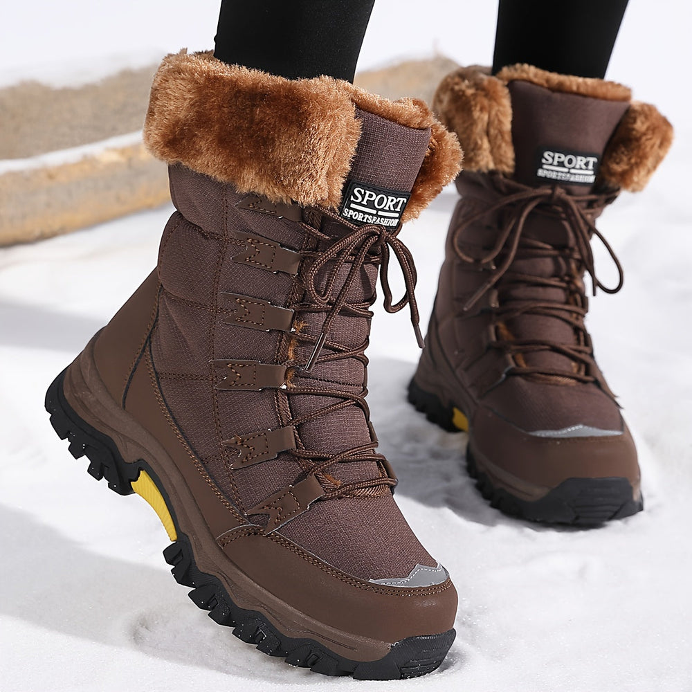 Women's winter lace-up boots with plush cuffs and lug soles