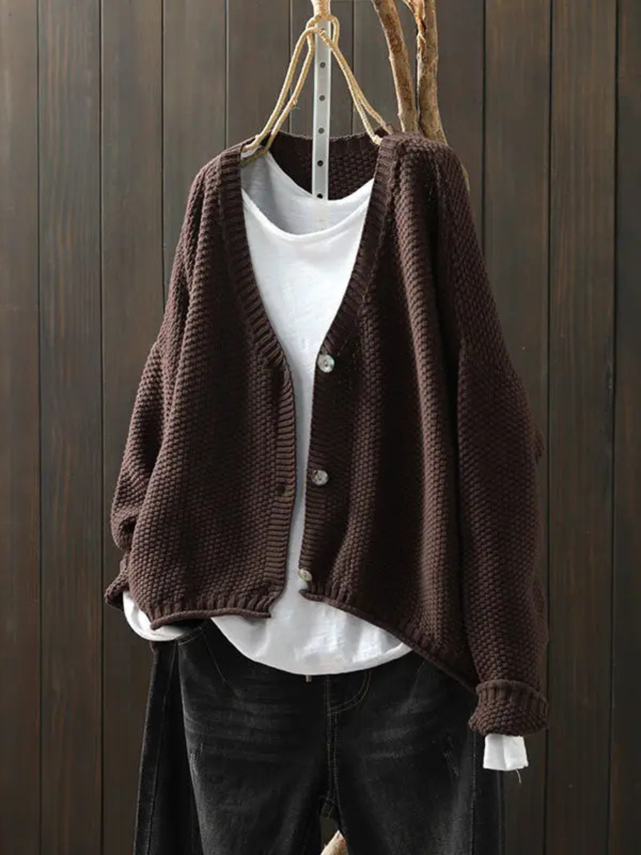 Women's textured knit cardigan with V-neck, button front and long sleeves