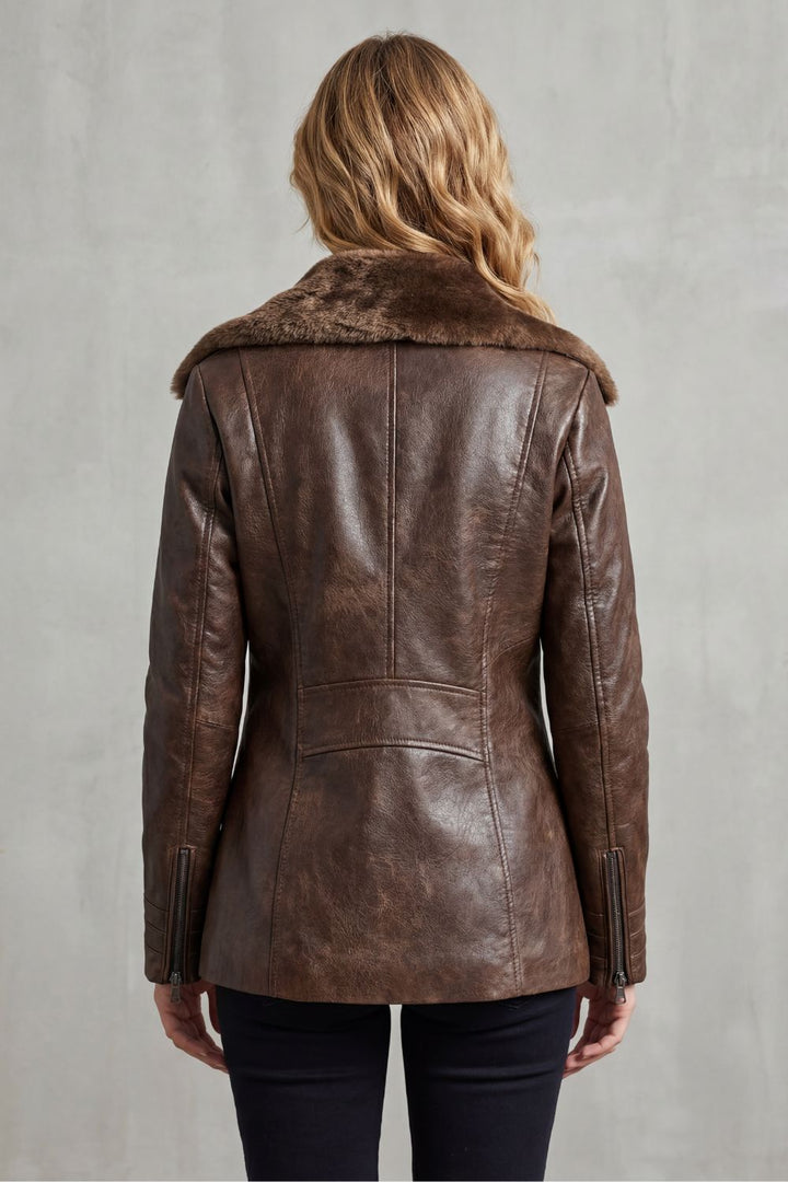 Women's brown jacket with dark shearling-style collar, long sleeves and front zip