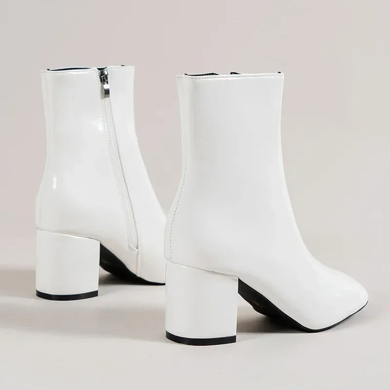 Women's glossy ankle boots with square toe and block heel