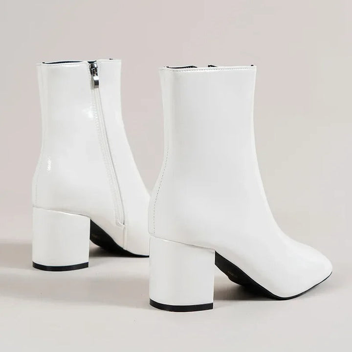 Women's glossy ankle boots with square toe and block heel