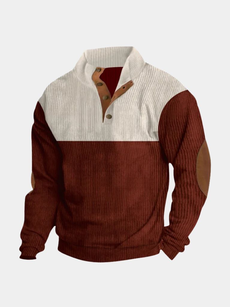 Men's two-tone high-collar corduroy pullover with elbow patches