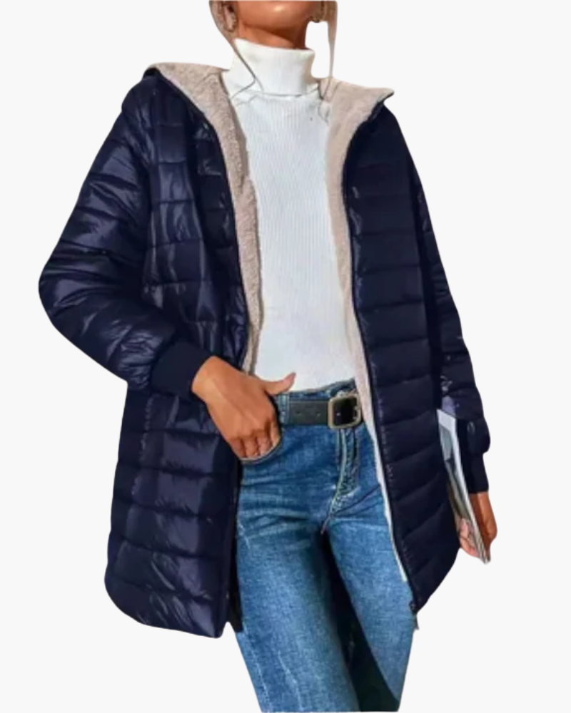 Women's quilted hooded jacket with long sleeves and zip front