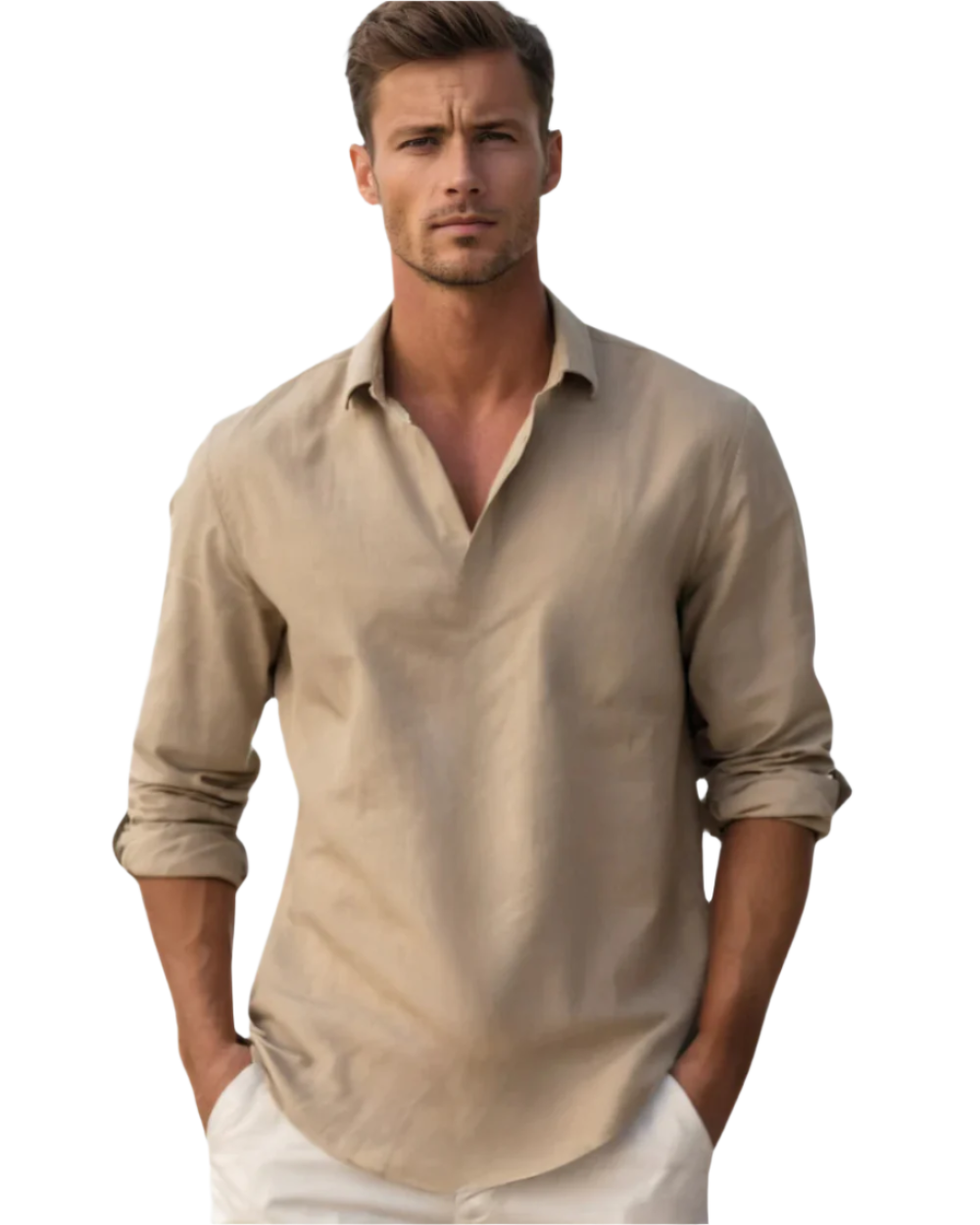 Men's solid long sleeve shirt with open collar and rolled sleeves