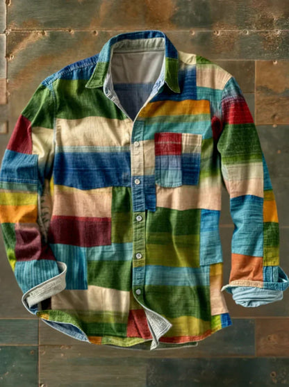 Men's multicolor plaid long-sleeve button-up shirt with chest pocket and curved hem