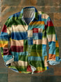 Men's multicolor plaid long-sleeve button-up shirt with chest pocket and curved hem