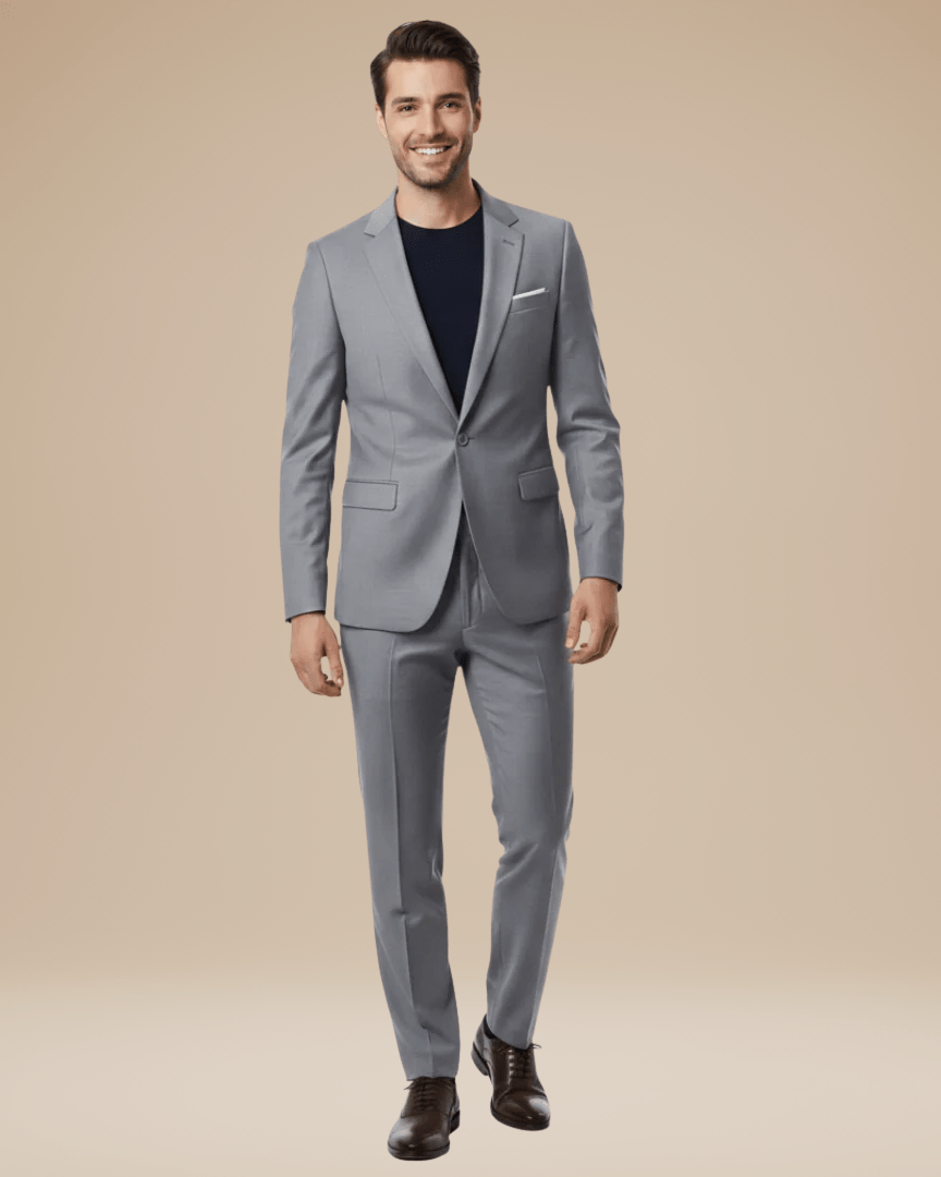 Men's two-piece suit with notched lapels and slim trousers