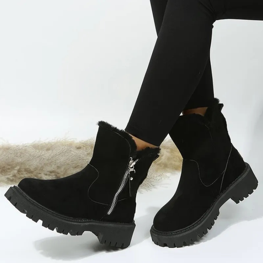 Women's ankle boots with plush fur cuffs, side zippers and lug soles