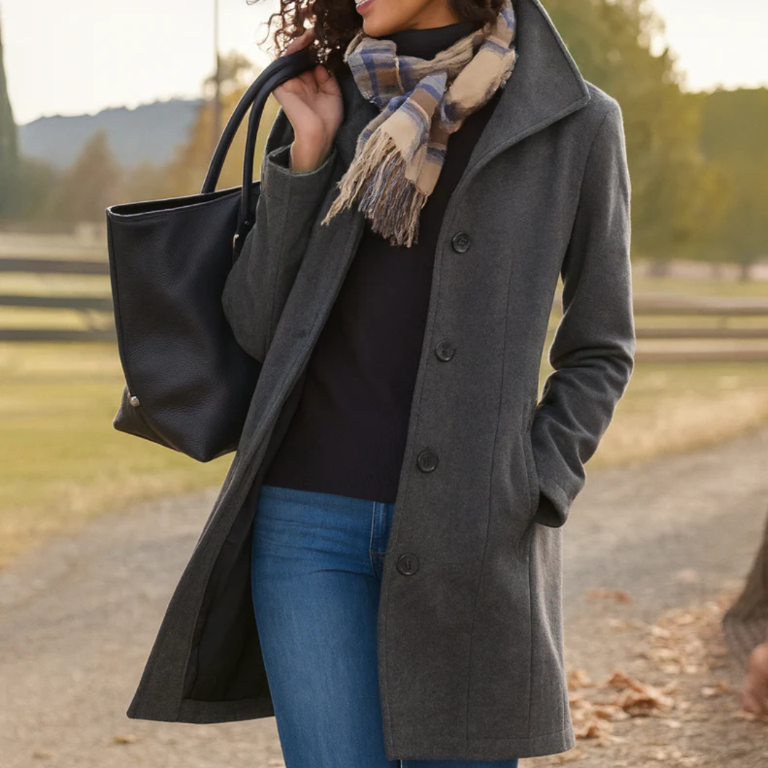 Women's button-front coat with lapel collar, long sleeves and side pockets