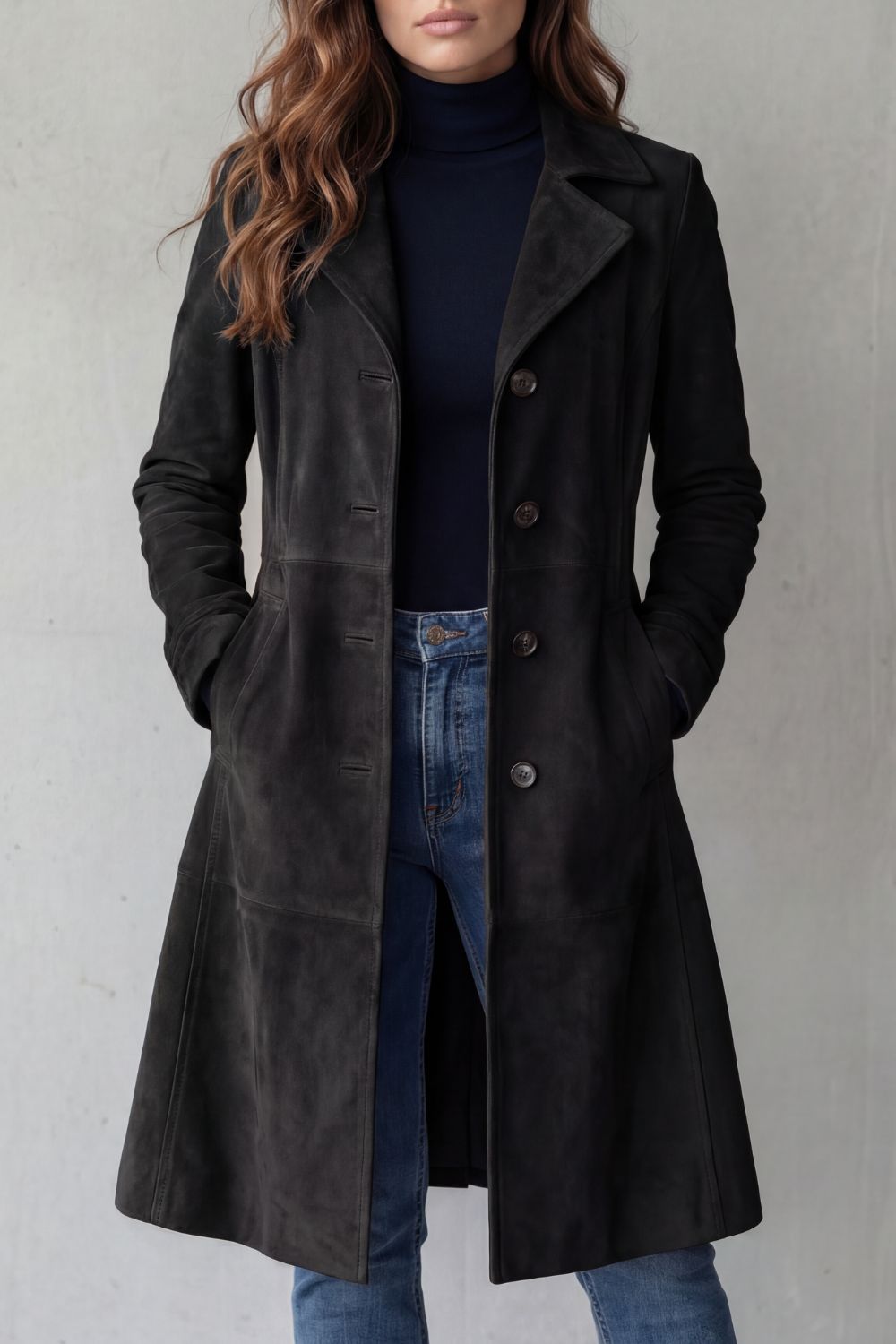 Women's longline coat with notched lapels, button front and hip pockets