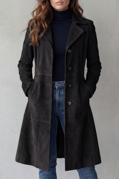 Women's longline coat with notched lapels, button front and hip pockets