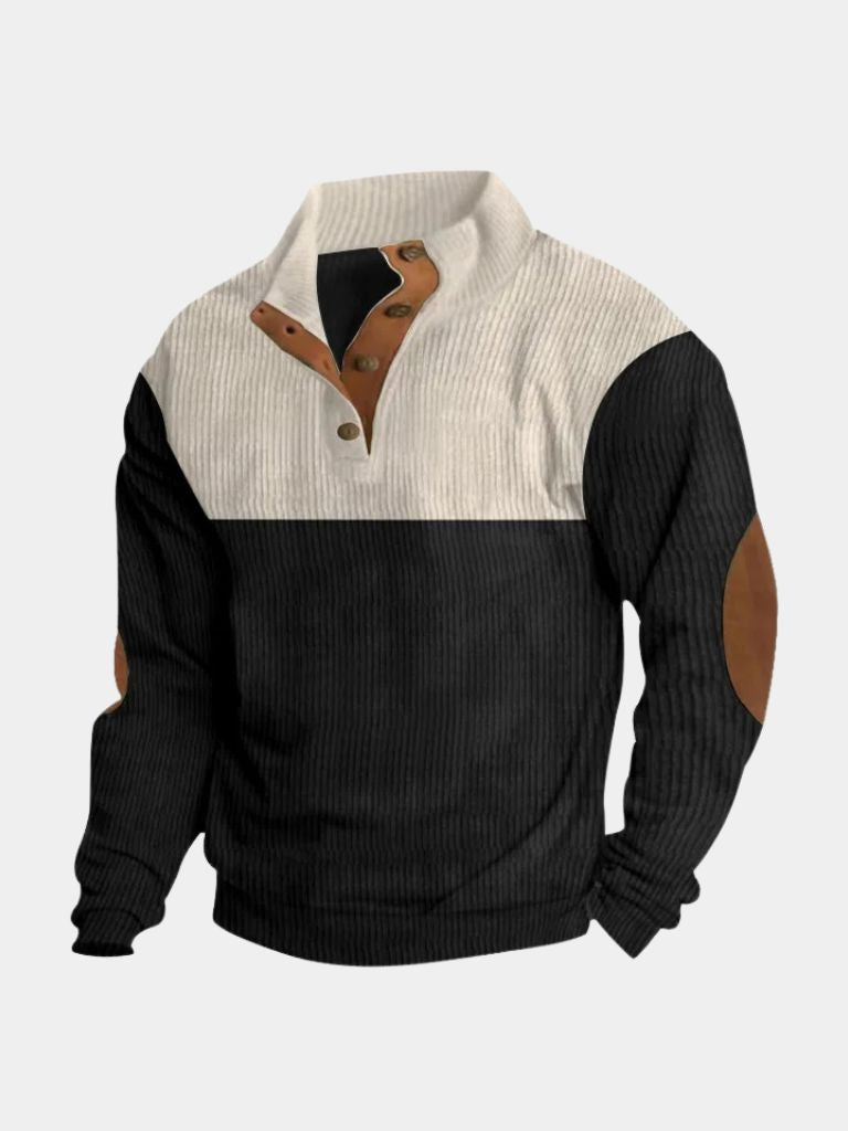 Men's two-tone high-collar corduroy pullover with elbow patches