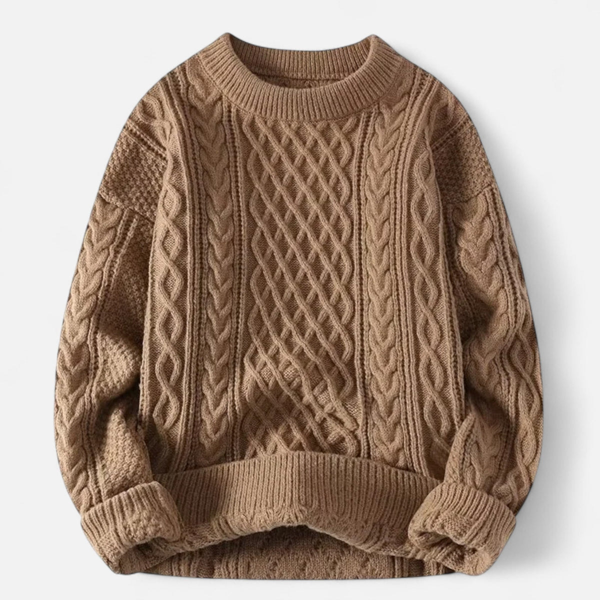 Men's cable knit crew neck sweater with long sleeves and ribbed trims