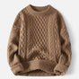Men's cable knit crew neck sweater with long sleeves and ribbed trims