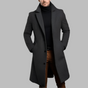 Men's long button-front overcoat with notched lapels and side pockets