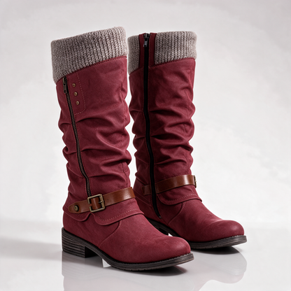 Women's slouch knee-high boots with buckle straps and low block heels