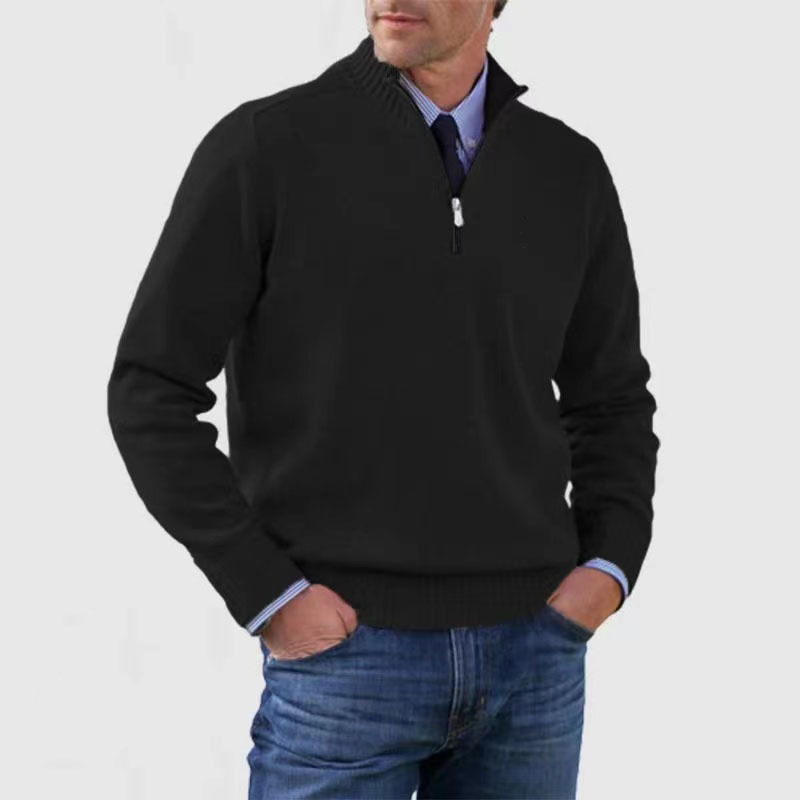 Men's half-zip mock neck sweater with long sleeves and ribbed trims