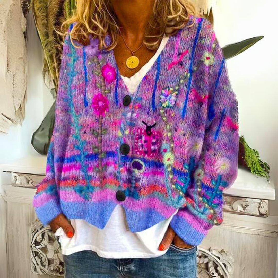 Women's multicolour striped cardigan with floral embroidery and button front