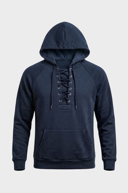 Men's hooded sweatshirt with lace-up front, long sleeves and kangaroo pocket