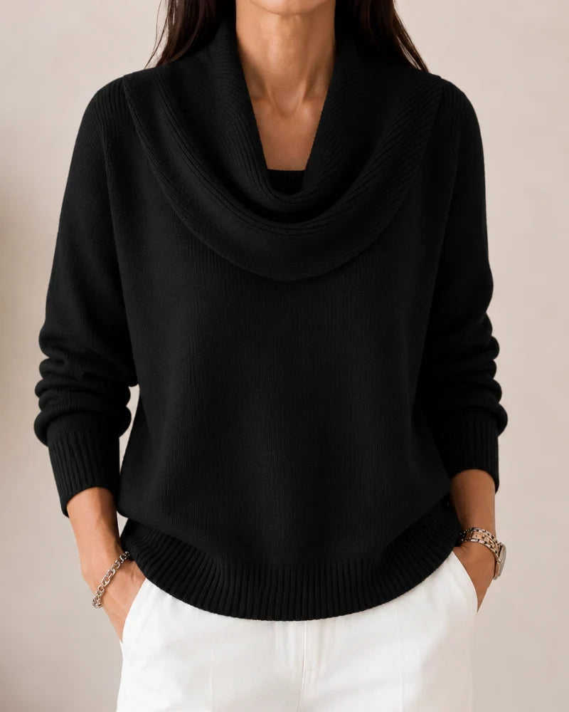 Women's knit sweater with draped cowl neckline, long sleeves and ribbed trims