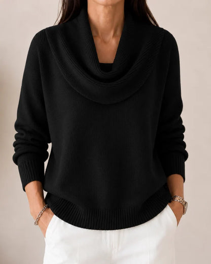 Women's knit sweater with draped cowl neckline, long sleeves and ribbed trims