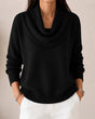 Women's knit sweater with draped cowl neckline, long sleeves and ribbed trims